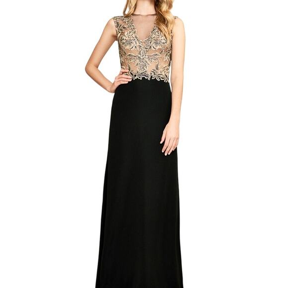 Tadashi Shoji Amel Evening Gown Black & Gold Embroidered Mesh Illusion Size 10 - Picture 1 of 8